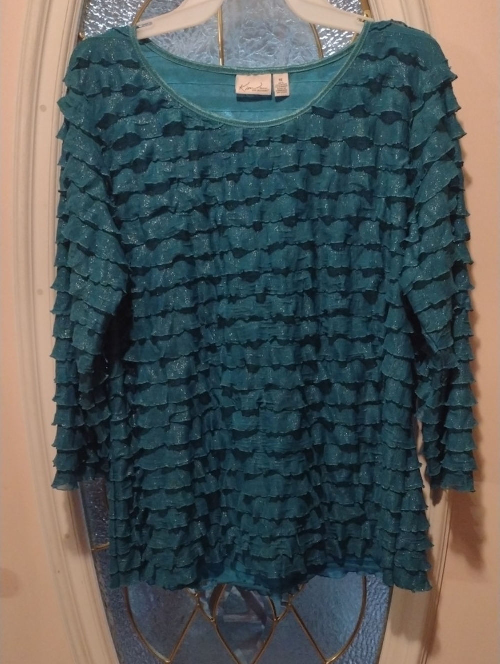 Kim Rogers Teal Sparkle Ruffle Top